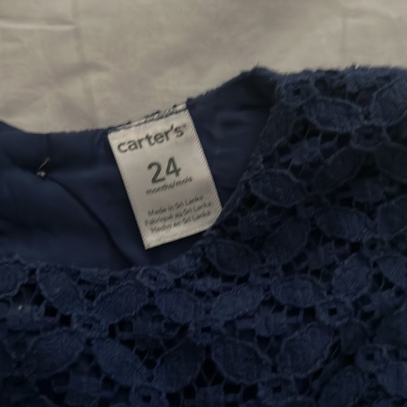 Carters Girls Navy Dress with Above Waist Silver Trim and Bow - Picture 2 of 3